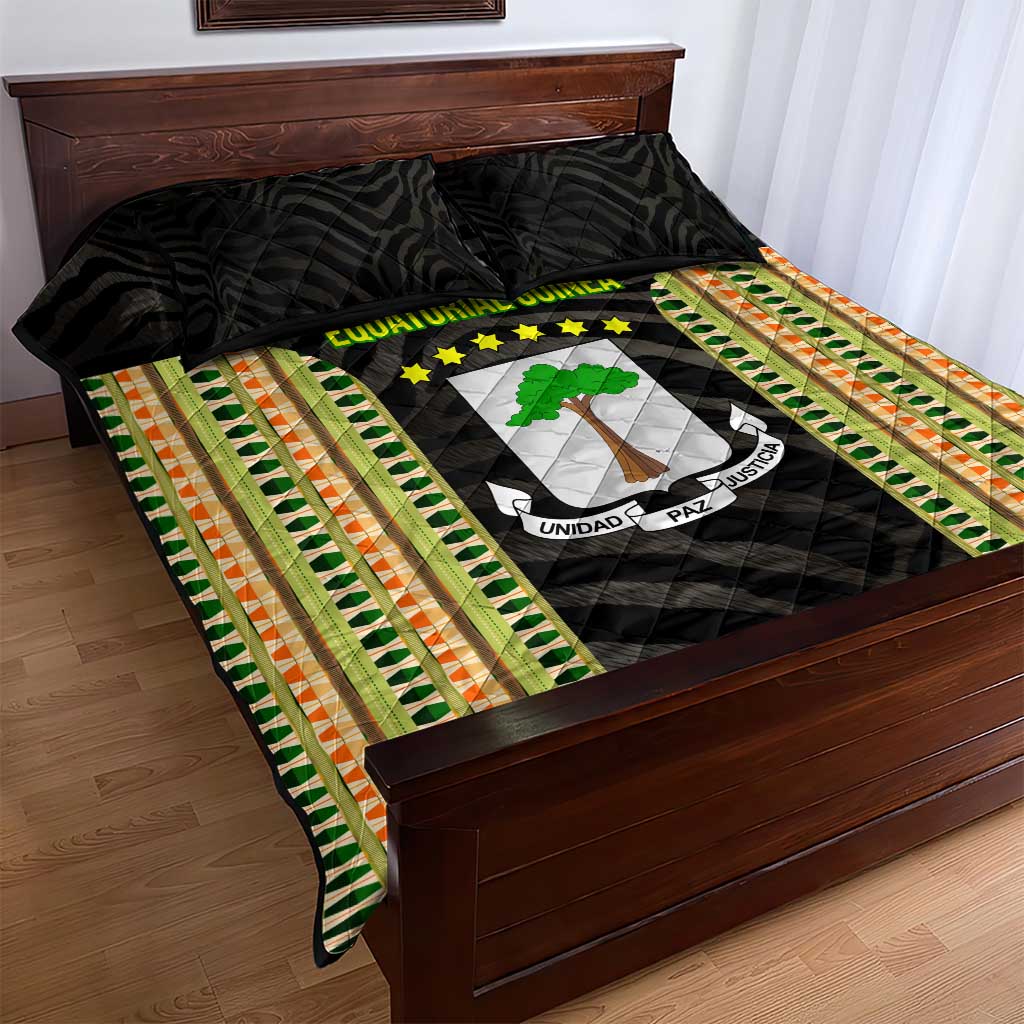 Equatorial Guinea Heritage Quilt Bed Set with National Emblem and Tribal Zebra Print