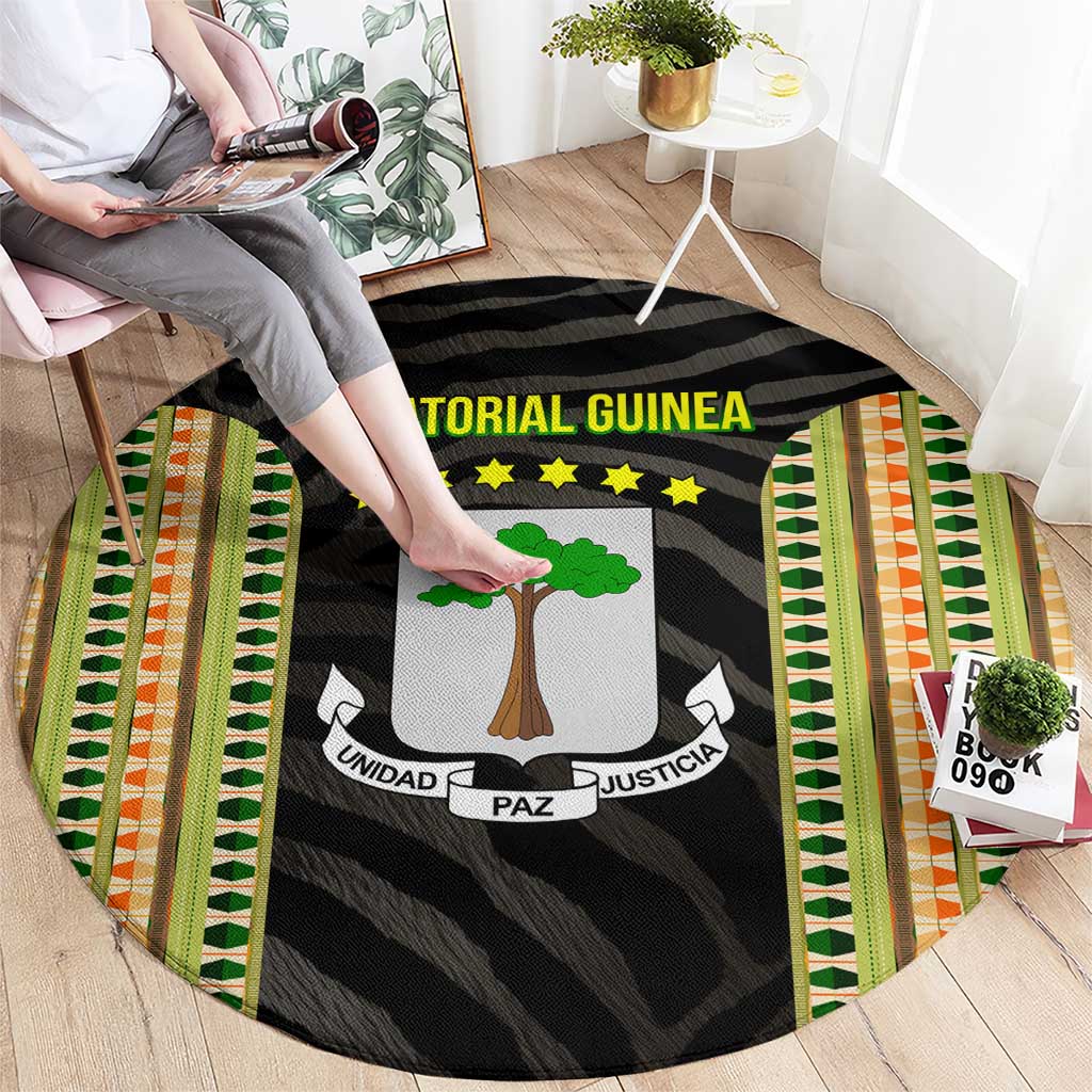 Equatorial Guinea Heritage Round Carpet with National Emblem and Tribal Zebra Print