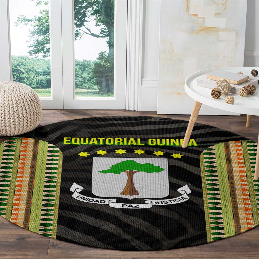 Equatorial Guinea Heritage Round Carpet with National Emblem and Tribal Zebra Print
