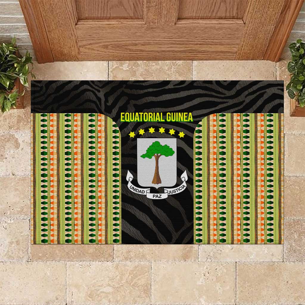 Equatorial Guinea Heritage Rubber Doormat with National Emblem and Tribal Zebra Print