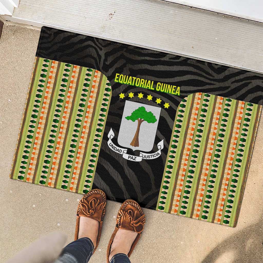 Equatorial Guinea Heritage Rubber Doormat with National Emblem and Tribal Zebra Print