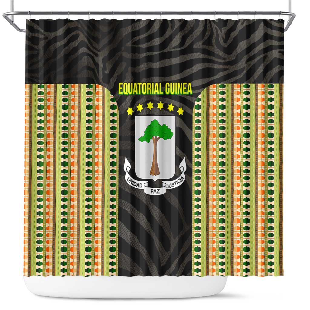 Equatorial Guinea Heritage Shower Curtain with National Emblem and Tribal Zebra Print