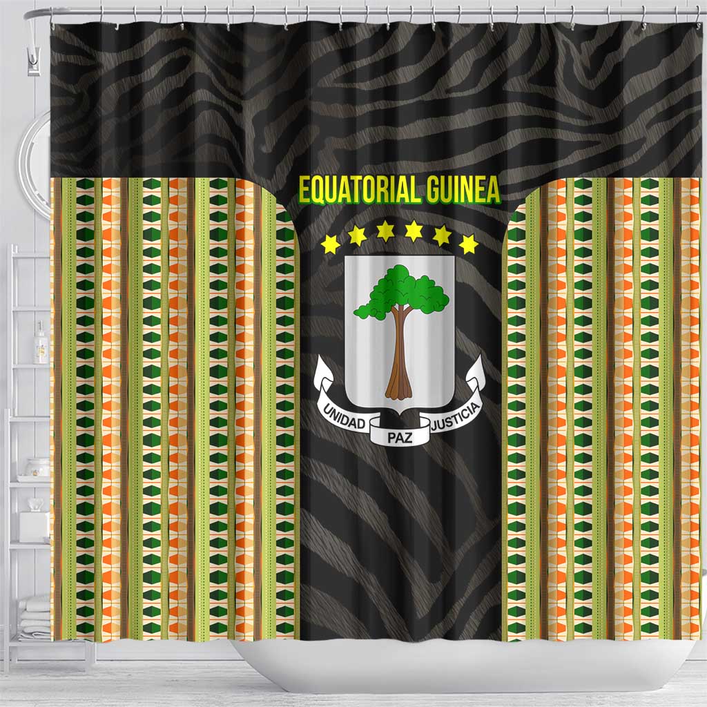 Equatorial Guinea Heritage Shower Curtain with National Emblem and Tribal Zebra Print