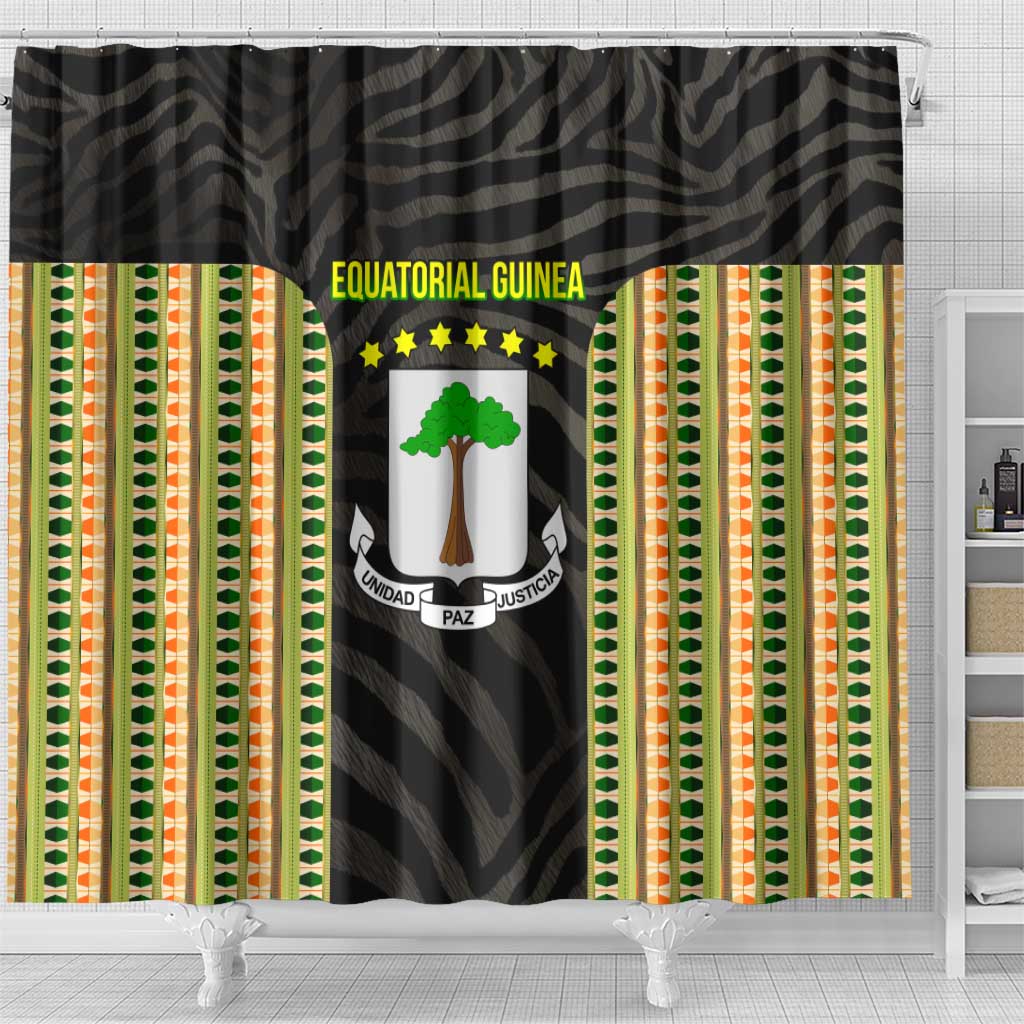 Equatorial Guinea Heritage Shower Curtain with National Emblem and Tribal Zebra Print
