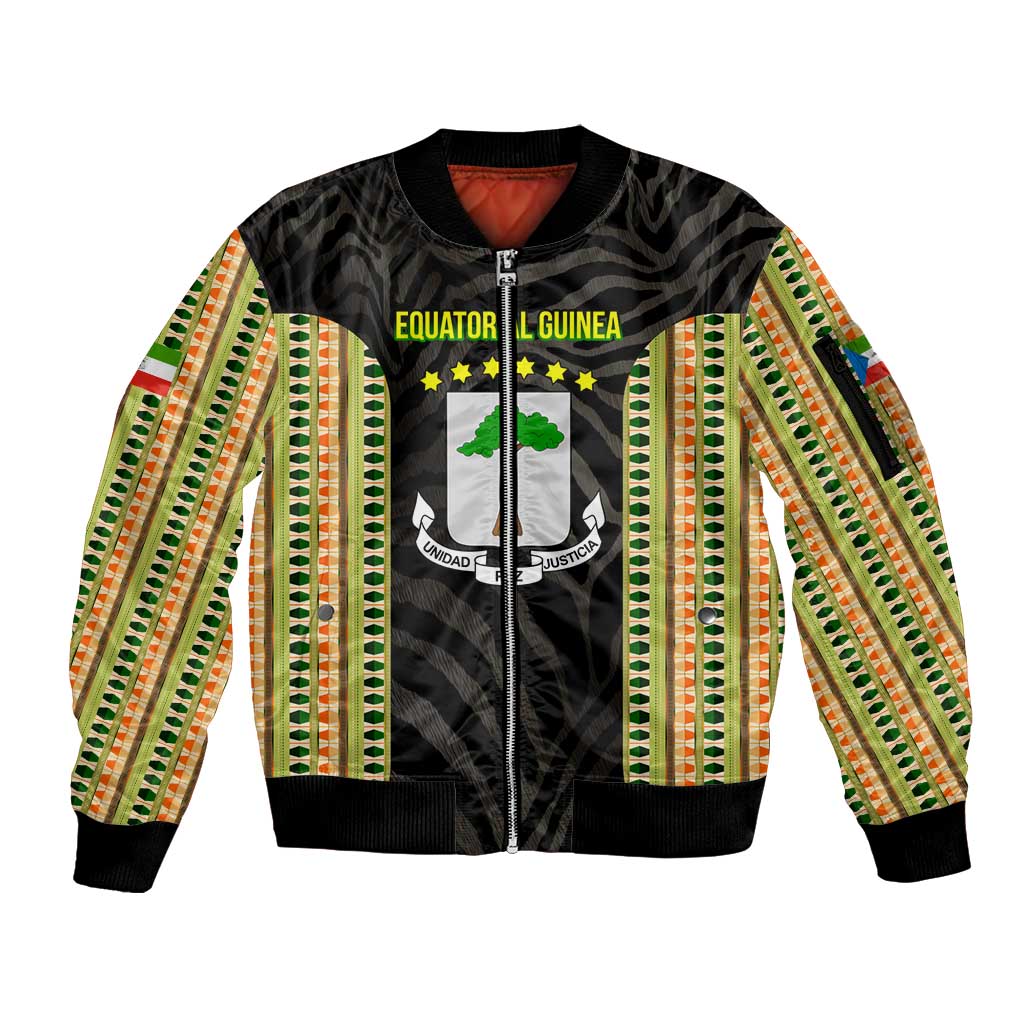 Equatorial Guinea Heritage Sleeve Zip Bomber Jacket with National Emblem and Tribal Zebra Print