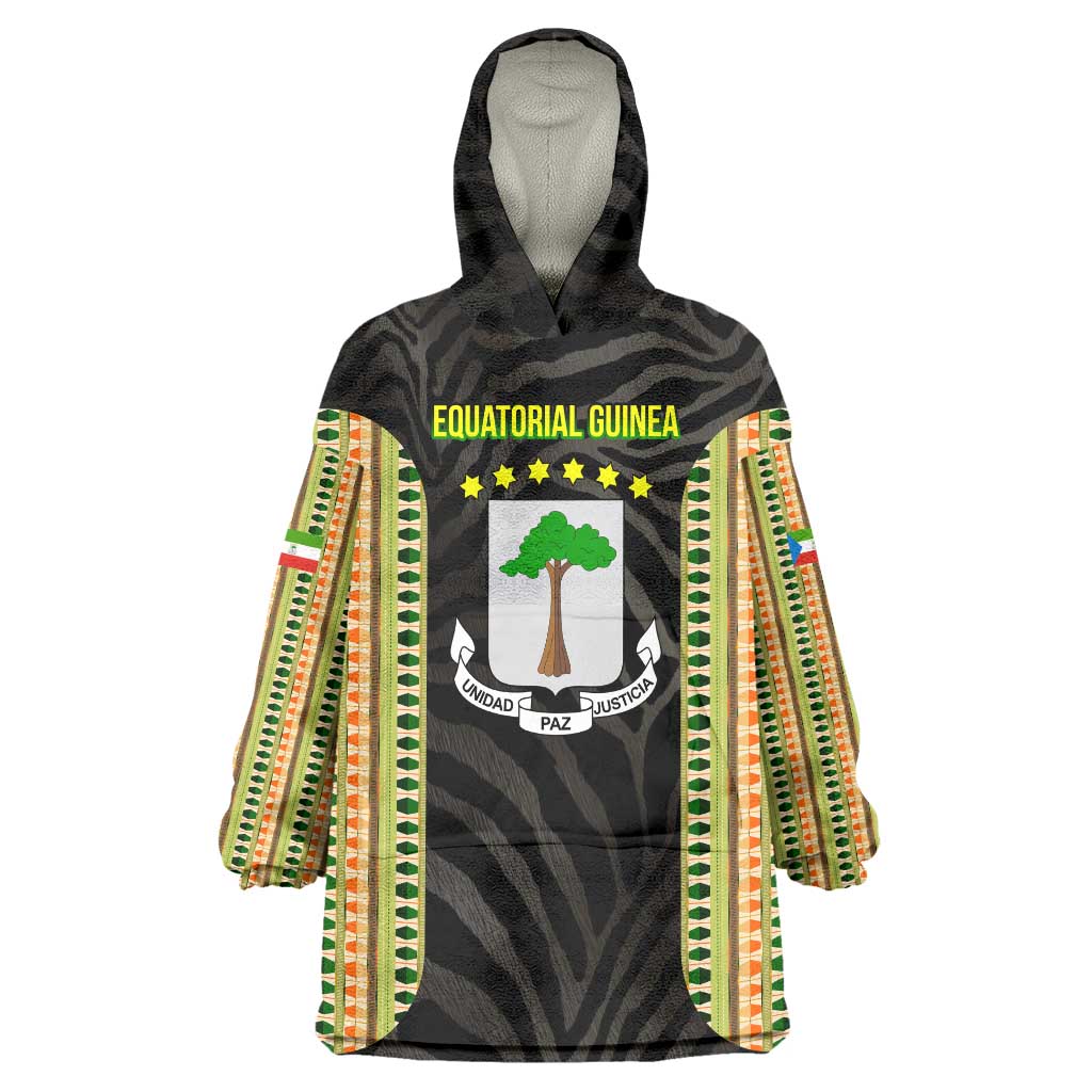 Equatorial Guinea Heritage Wearable Blanket Hoodie with National Emblem and Tribal Zebra Print