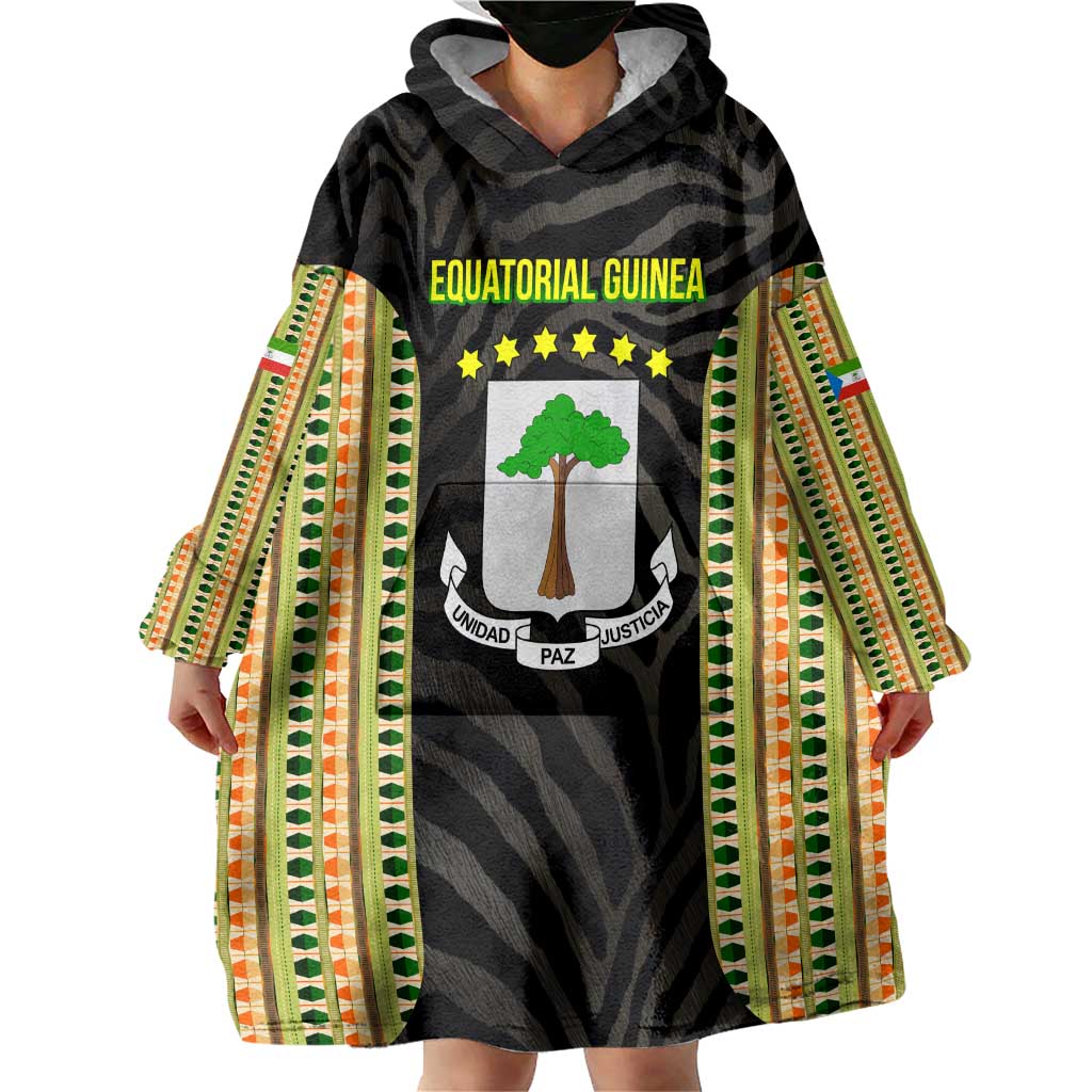 Equatorial Guinea Heritage Wearable Blanket Hoodie with National Emblem and Tribal Zebra Print