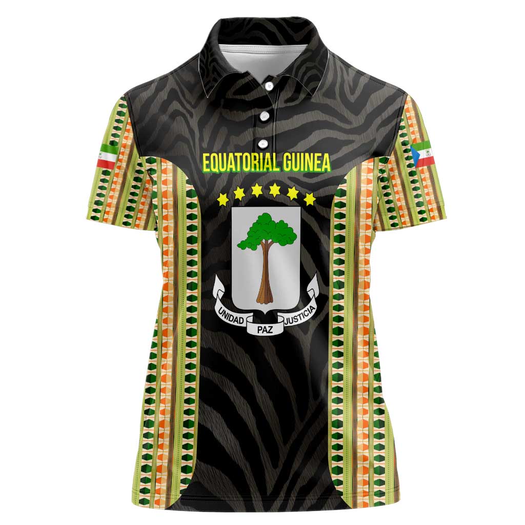 Equatorial Guinea Heritage Women Polo Shirt with National Emblem and Tribal Zebra Print