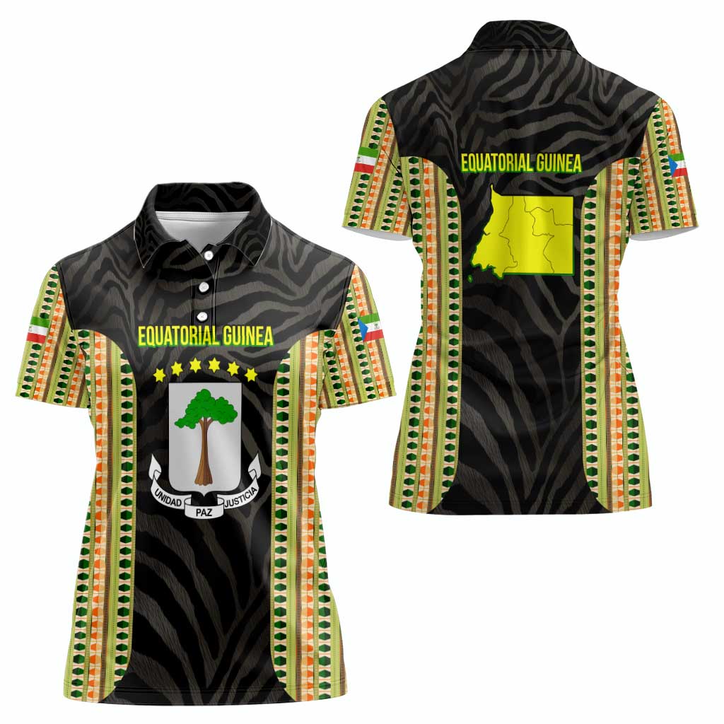 Equatorial Guinea Heritage Women Polo Shirt with National Emblem and Tribal Zebra Print