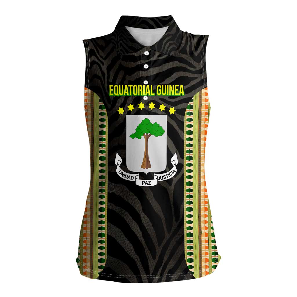 Equatorial Guinea Heritage Women Sleeveless Polo Shirt with National Emblem and Tribal Zebra Print