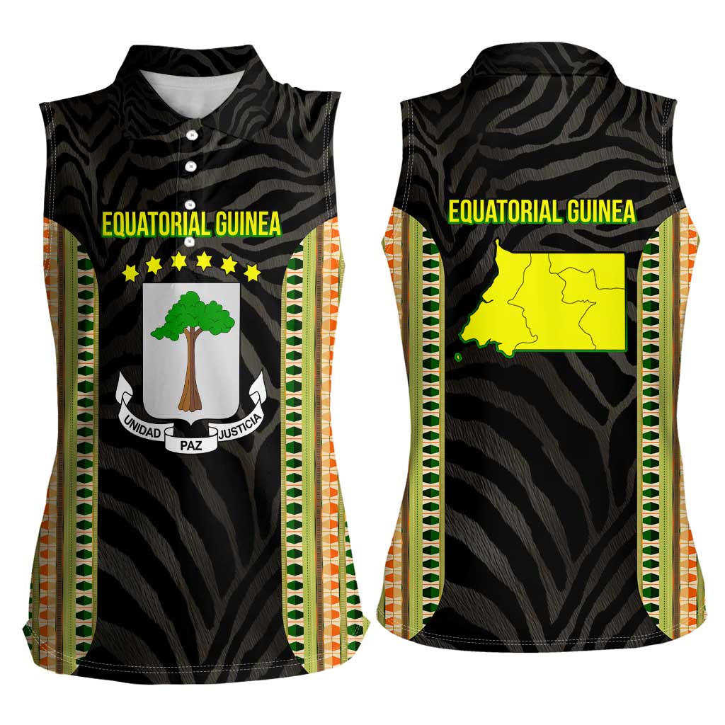 Equatorial Guinea Heritage Women Sleeveless Polo Shirt with National Emblem and Tribal Zebra Print