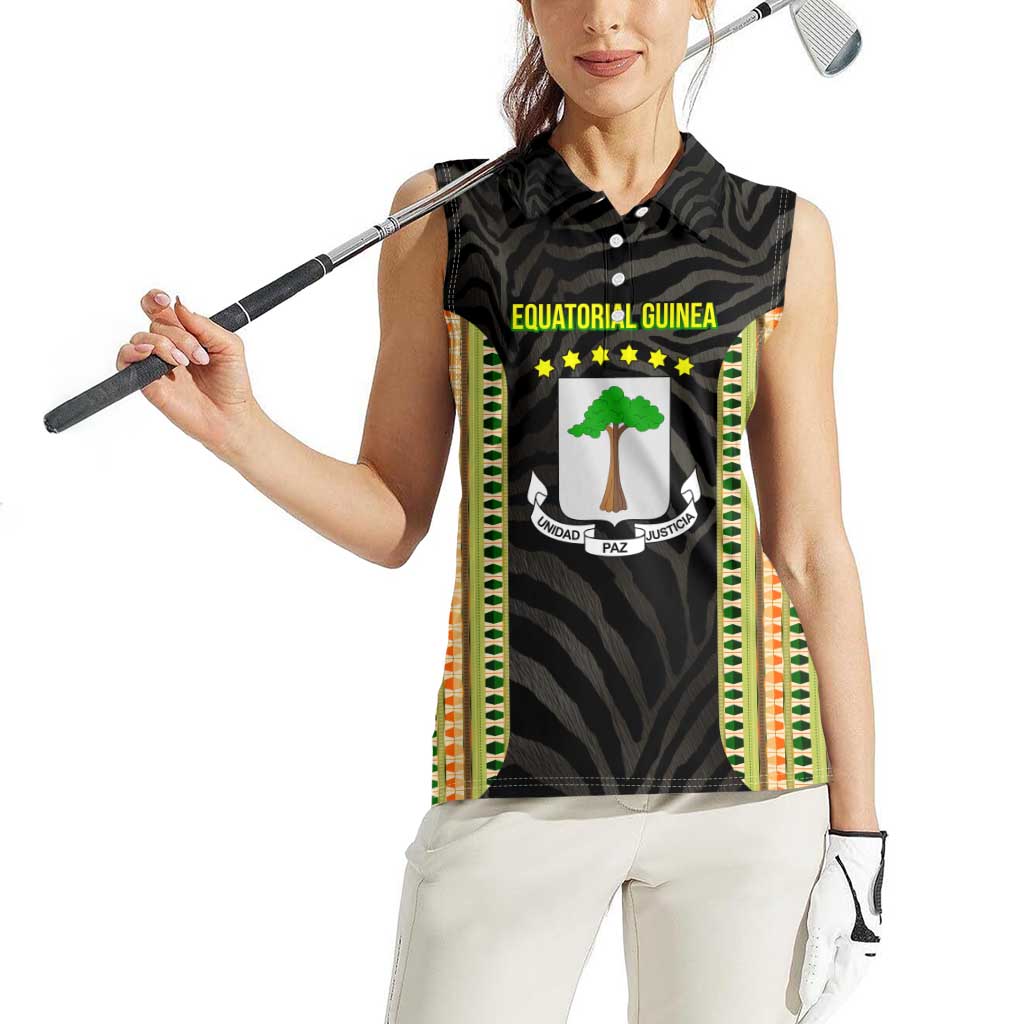 Equatorial Guinea Heritage Women Sleeveless Polo Shirt with National Emblem and Tribal Zebra Print