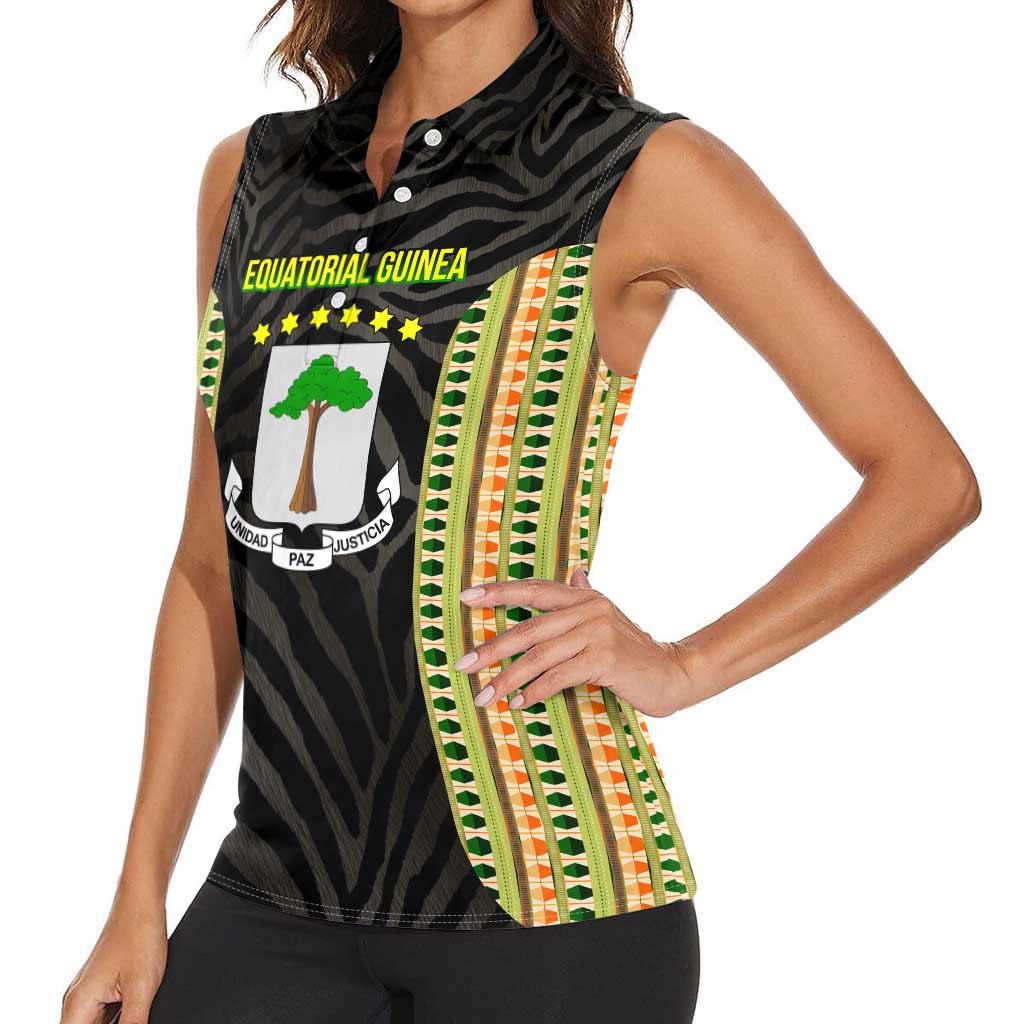Equatorial Guinea Heritage Women Sleeveless Polo Shirt with National Emblem and Tribal Zebra Print