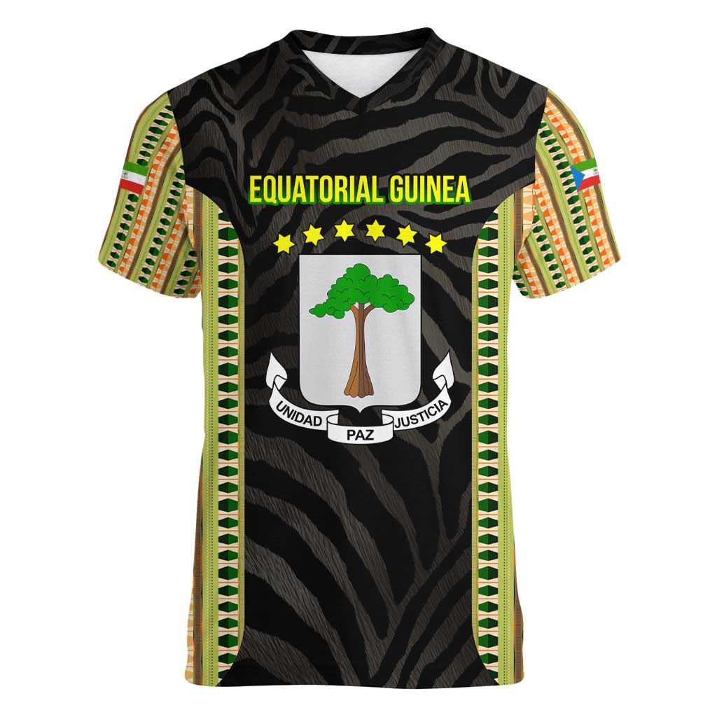 Equatorial Guinea Heritage Women V-Neck T-Shirt with National Emblem and Tribal Zebra Print