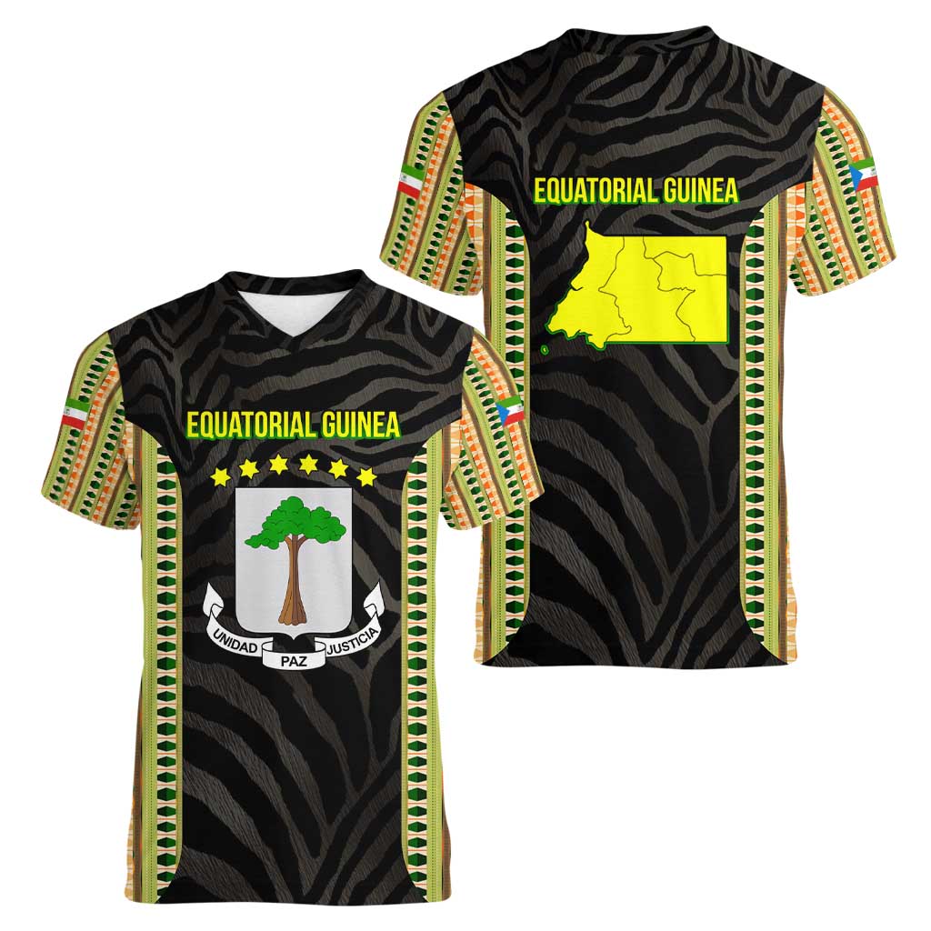 Equatorial Guinea Heritage Women V-Neck T-Shirt with National Emblem and Tribal Zebra Print