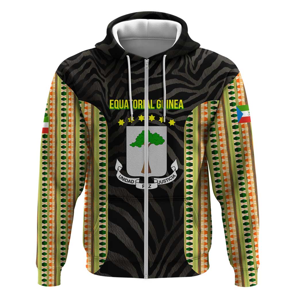 Equatorial Guinea Heritage Zip Hoodie with National Emblem and Tribal Zebra Print