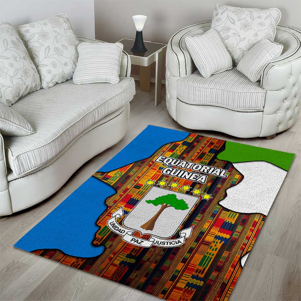 Equatorial Guinea Kente Area Rug with Tribal Mask and National Coat of Arms