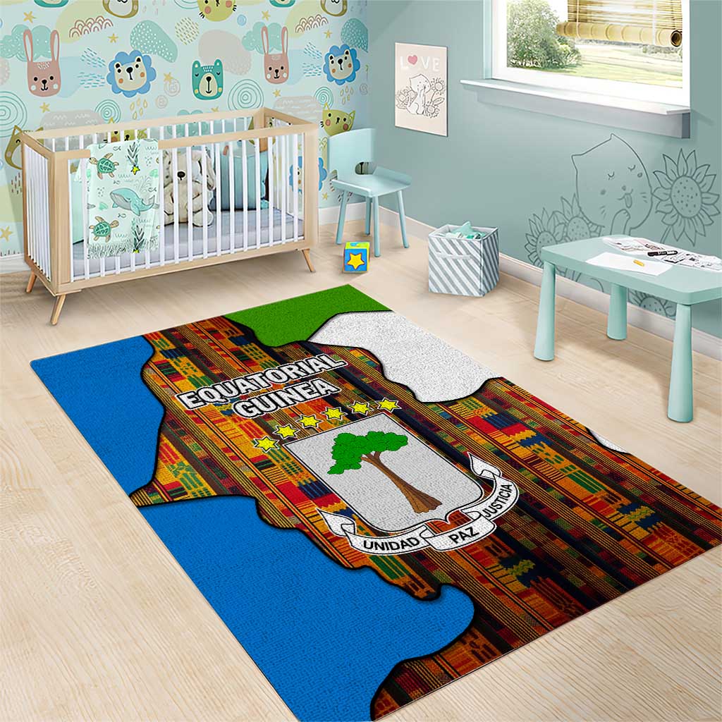 Equatorial Guinea Kente Area Rug with Tribal Mask and National Coat of Arms