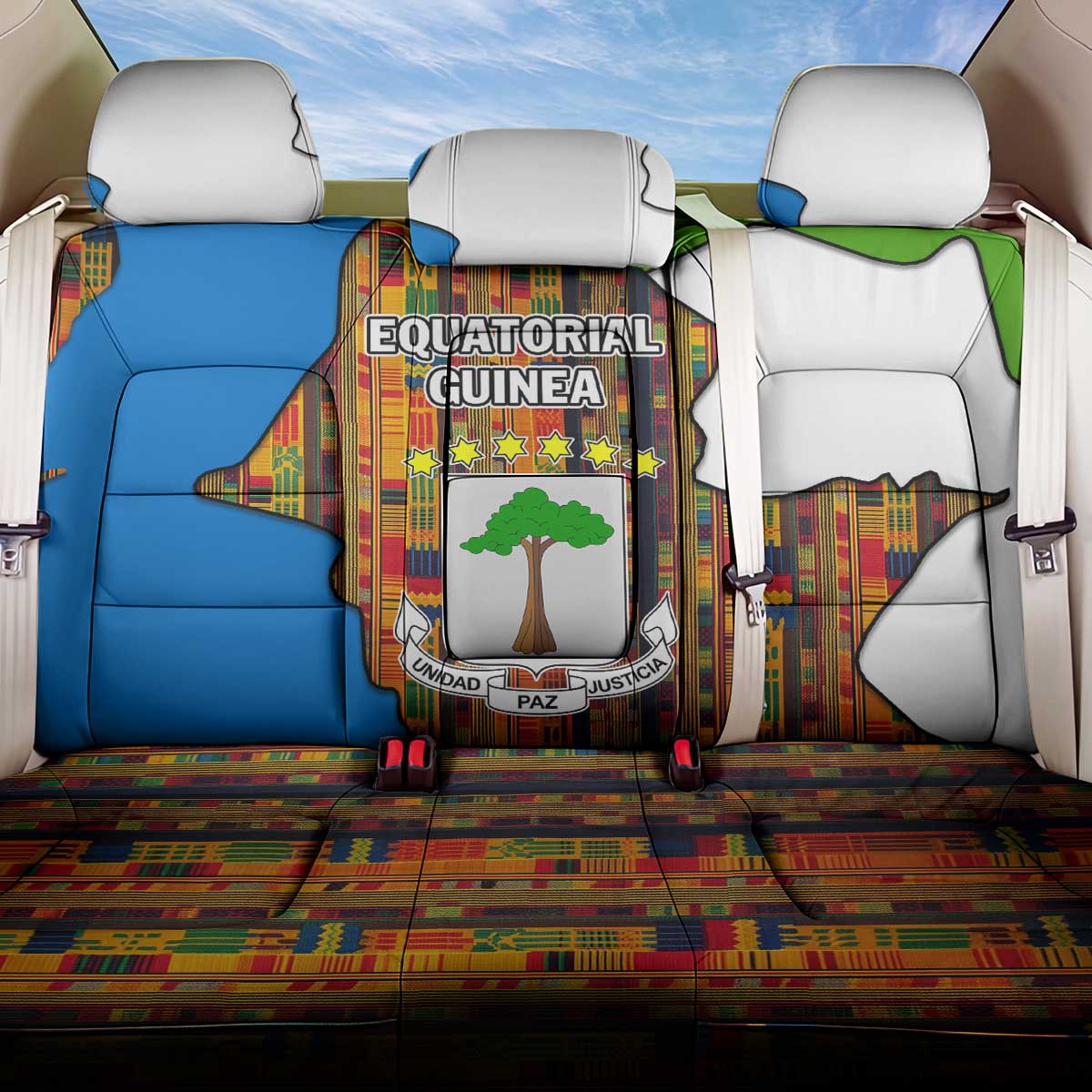 Equatorial Guinea Kente Back Car Seat Cover with Tribal Mask and National Coat of Arms