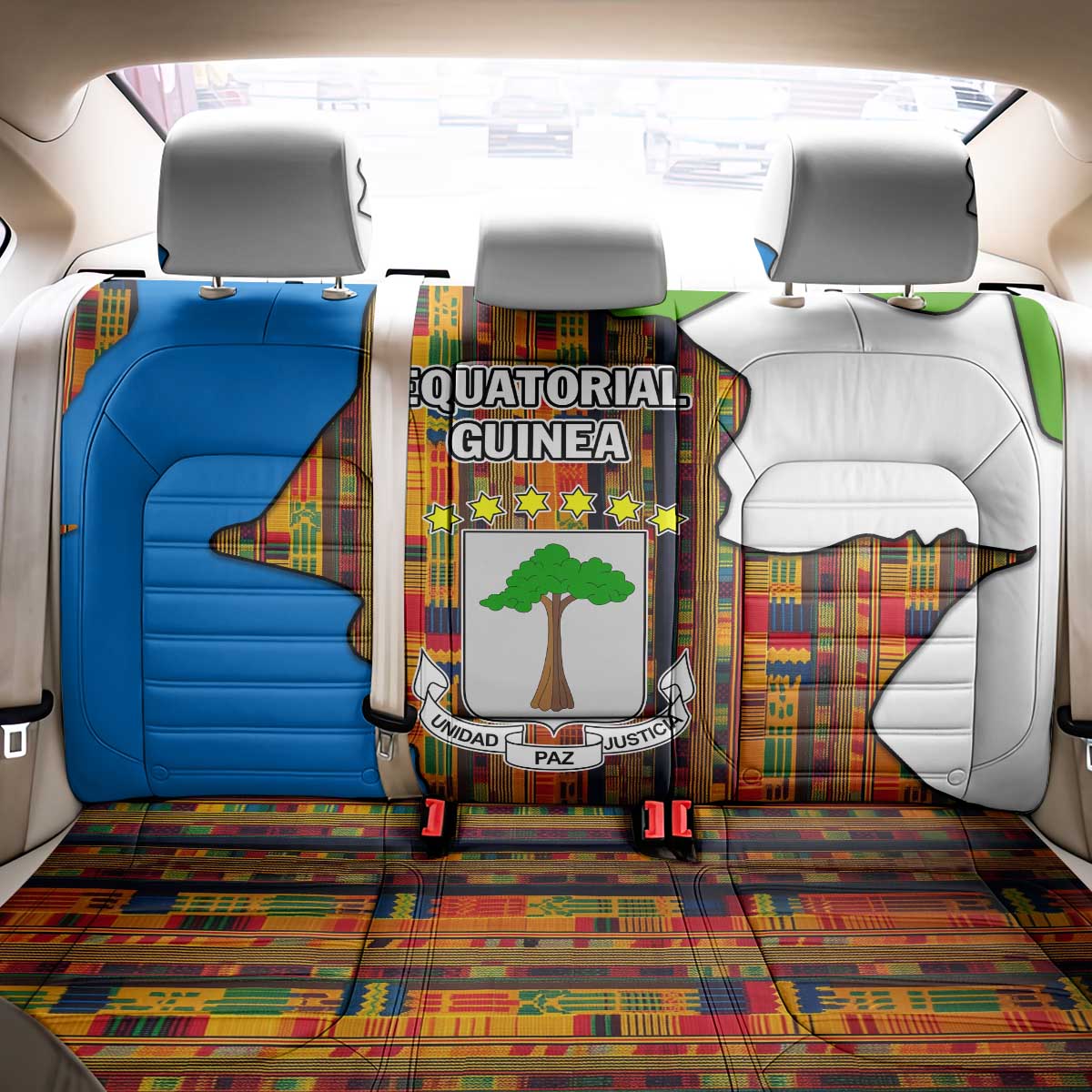 Equatorial Guinea Kente Back Car Seat Cover with Tribal Mask and National Coat of Arms