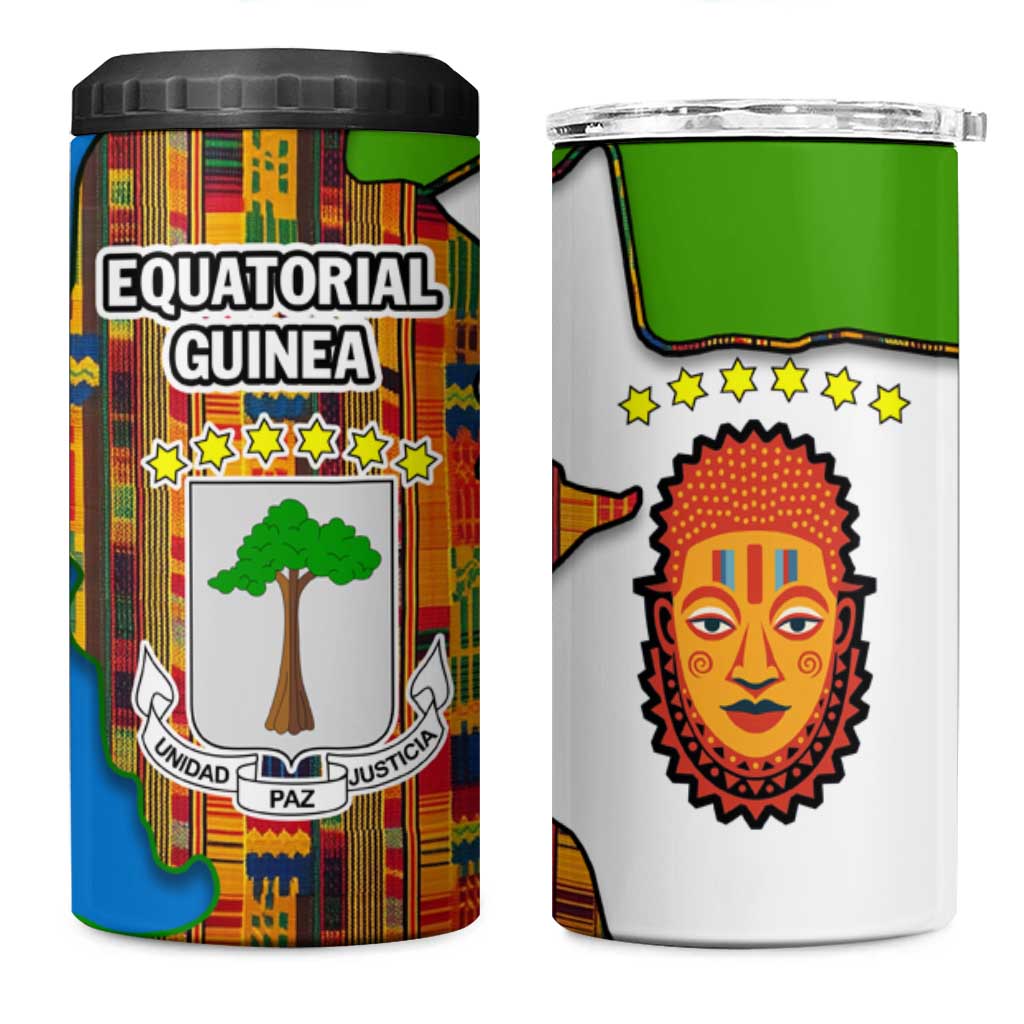 Equatorial Guinea Kente 4 in 1 Can Cooler Tumbler with Tribal Mask and National Coat of Arms