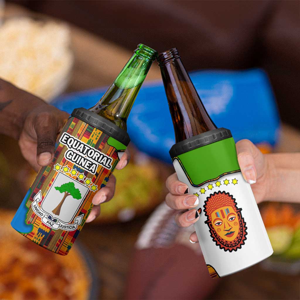 Equatorial Guinea Kente 4 in 1 Can Cooler Tumbler with Tribal Mask and National Coat of Arms