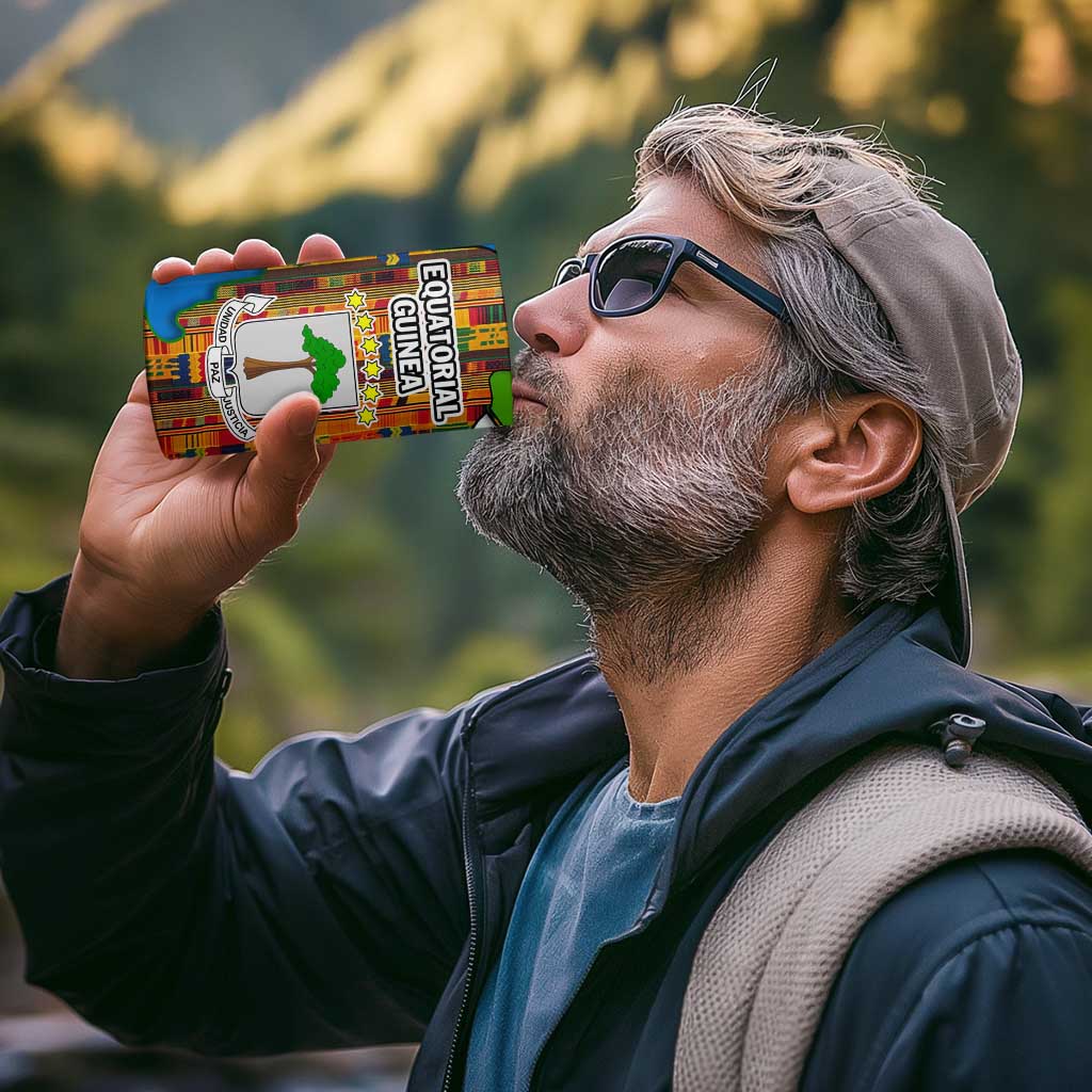 Equatorial Guinea Kente 4 in 1 Can Cooler Tumbler with Tribal Mask and National Coat of Arms