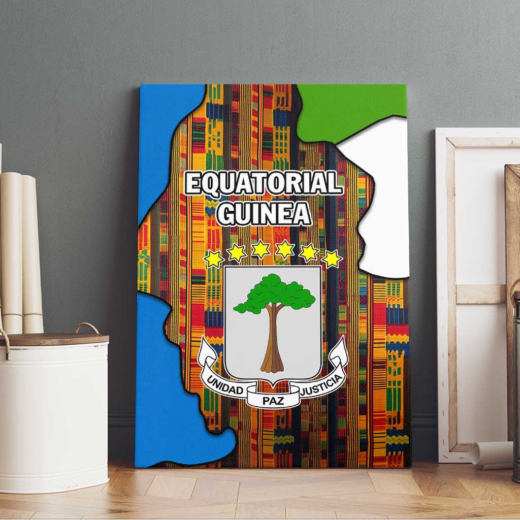 Equatorial Guinea Kente Canvas Wall Art with Tribal Mask and National Coat of Arms