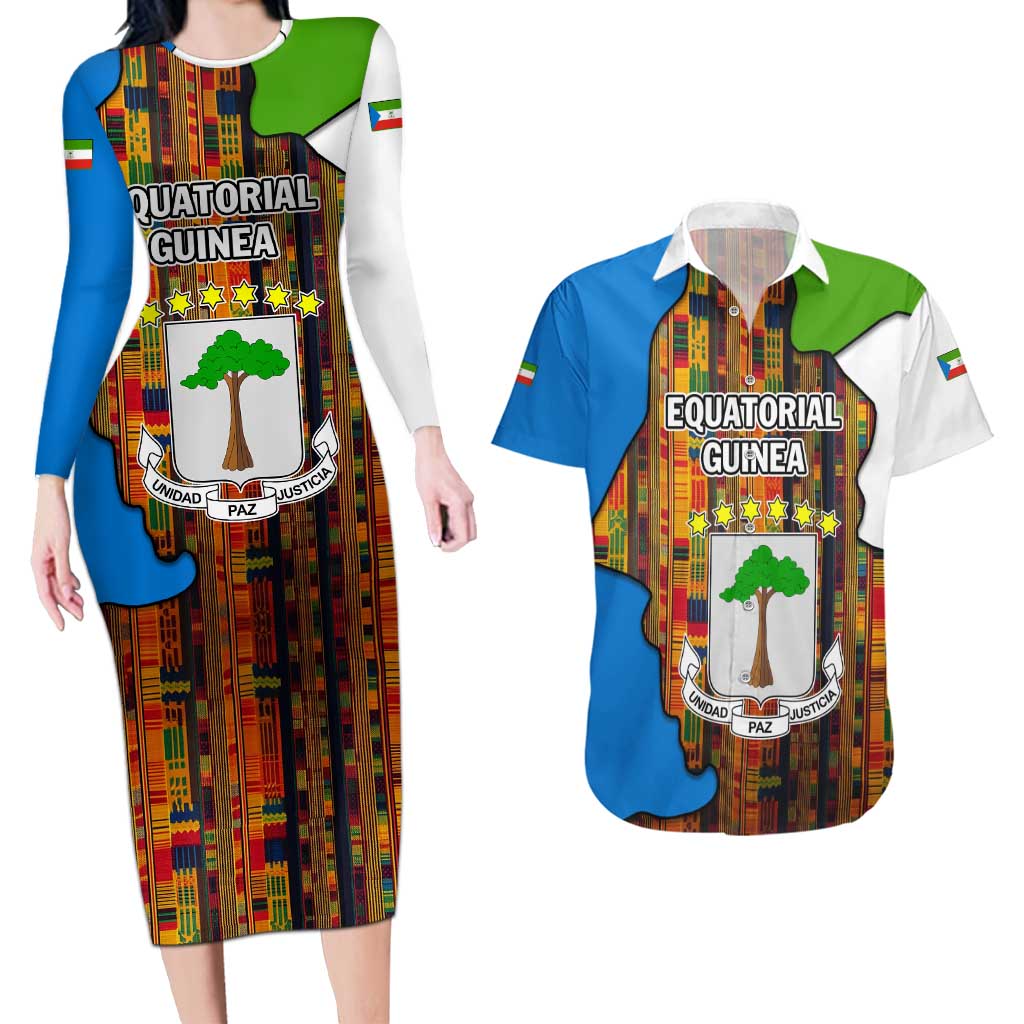 Equatorial Guinea Kente Couples Matching Long Sleeve Bodycon Dress and Hawaiian Shirt with Tribal Mask and National Coat of Arms