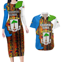 Equatorial Guinea Kente Couples Matching Long Sleeve Bodycon Dress and Hawaiian Shirt with Tribal Mask and National Coat of Arms