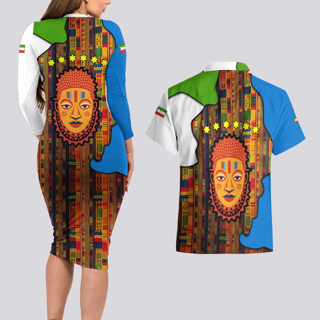 Equatorial Guinea Kente Couples Matching Long Sleeve Bodycon Dress and Hawaiian Shirt with Tribal Mask and National Coat of Arms