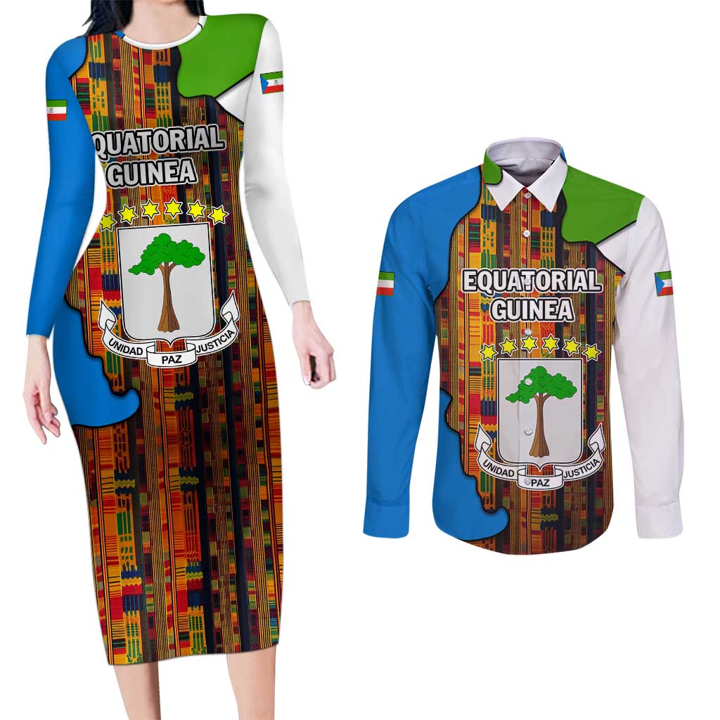 Equatorial Guinea Kente Couples Matching Long Sleeve Bodycon Dress and Long Sleeve Button Shirt with Tribal Mask and National Coat of Arms