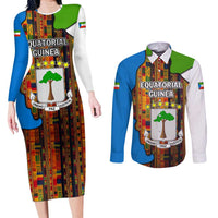 Equatorial Guinea Kente Couples Matching Long Sleeve Bodycon Dress and Long Sleeve Button Shirt with Tribal Mask and National Coat of Arms