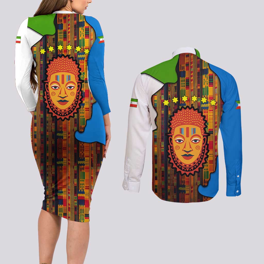 Equatorial Guinea Kente Couples Matching Long Sleeve Bodycon Dress and Long Sleeve Button Shirt with Tribal Mask and National Coat of Arms