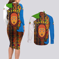 Equatorial Guinea Kente Couples Matching Long Sleeve Bodycon Dress and Long Sleeve Button Shirt with Tribal Mask and National Coat of Arms