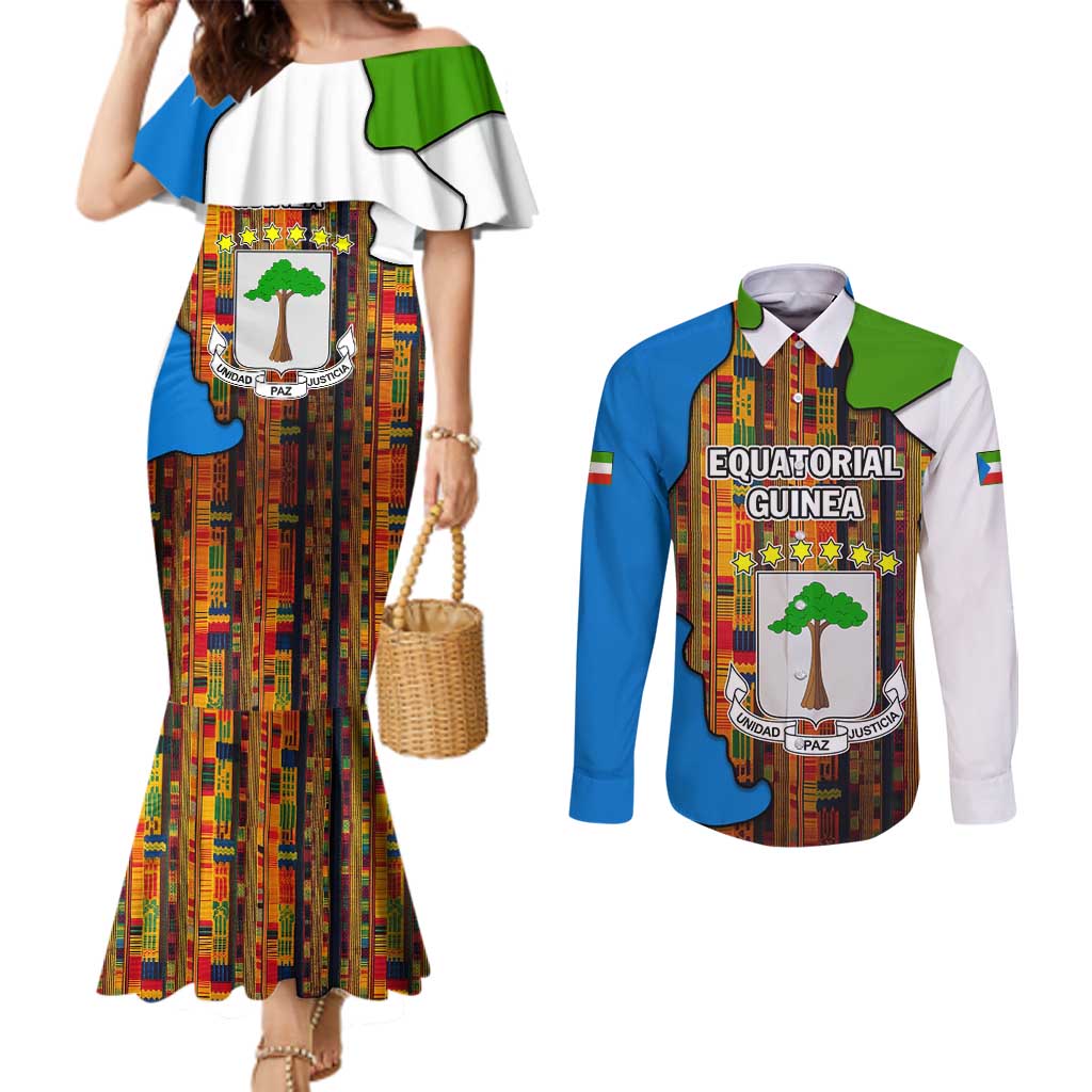 Equatorial Guinea Kente Couples Matching Mermaid Dress and Long Sleeve Button Shirt with Tribal Mask and National Coat of Arms