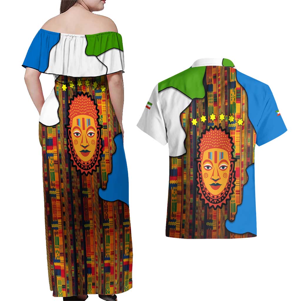 Equatorial Guinea Kente Couples Matching Off Shoulder Maxi Dress and Hawaiian Shirt with Tribal Mask and National Coat of Arms