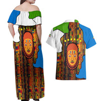 Equatorial Guinea Kente Couples Matching Off Shoulder Maxi Dress and Hawaiian Shirt with Tribal Mask and National Coat of Arms