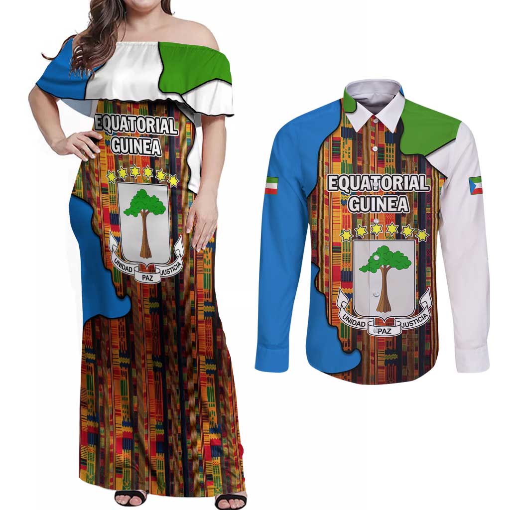 Equatorial Guinea Kente Couples Matching Off Shoulder Maxi Dress and Long Sleeve Button Shirt with Tribal Mask and National Coat of Arms