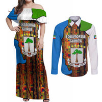 Equatorial Guinea Kente Couples Matching Off Shoulder Maxi Dress and Long Sleeve Button Shirt with Tribal Mask and National Coat of Arms