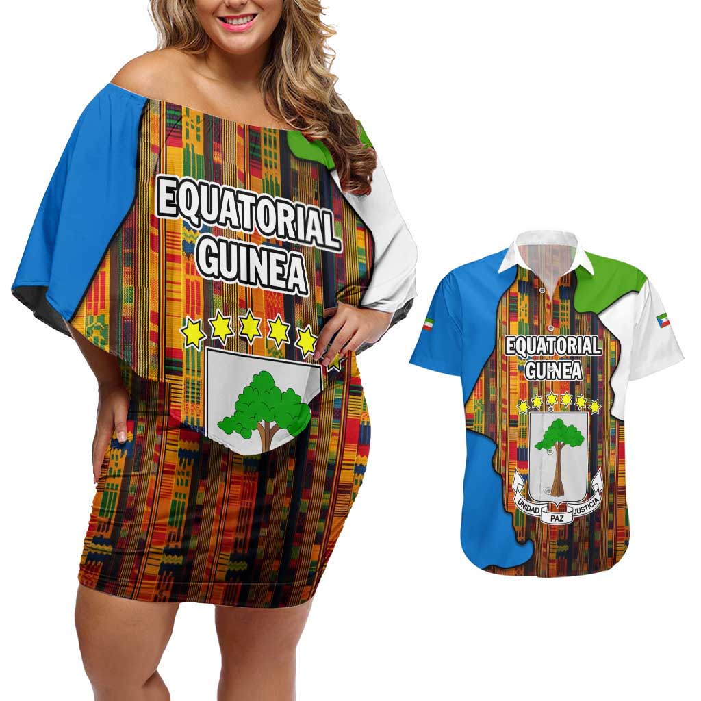 Equatorial Guinea Kente Couples Matching Off Shoulder Short Dress and Hawaiian Shirt with Tribal Mask and National Coat of Arms