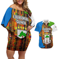 Equatorial Guinea Kente Couples Matching Off Shoulder Short Dress and Hawaiian Shirt with Tribal Mask and National Coat of Arms
