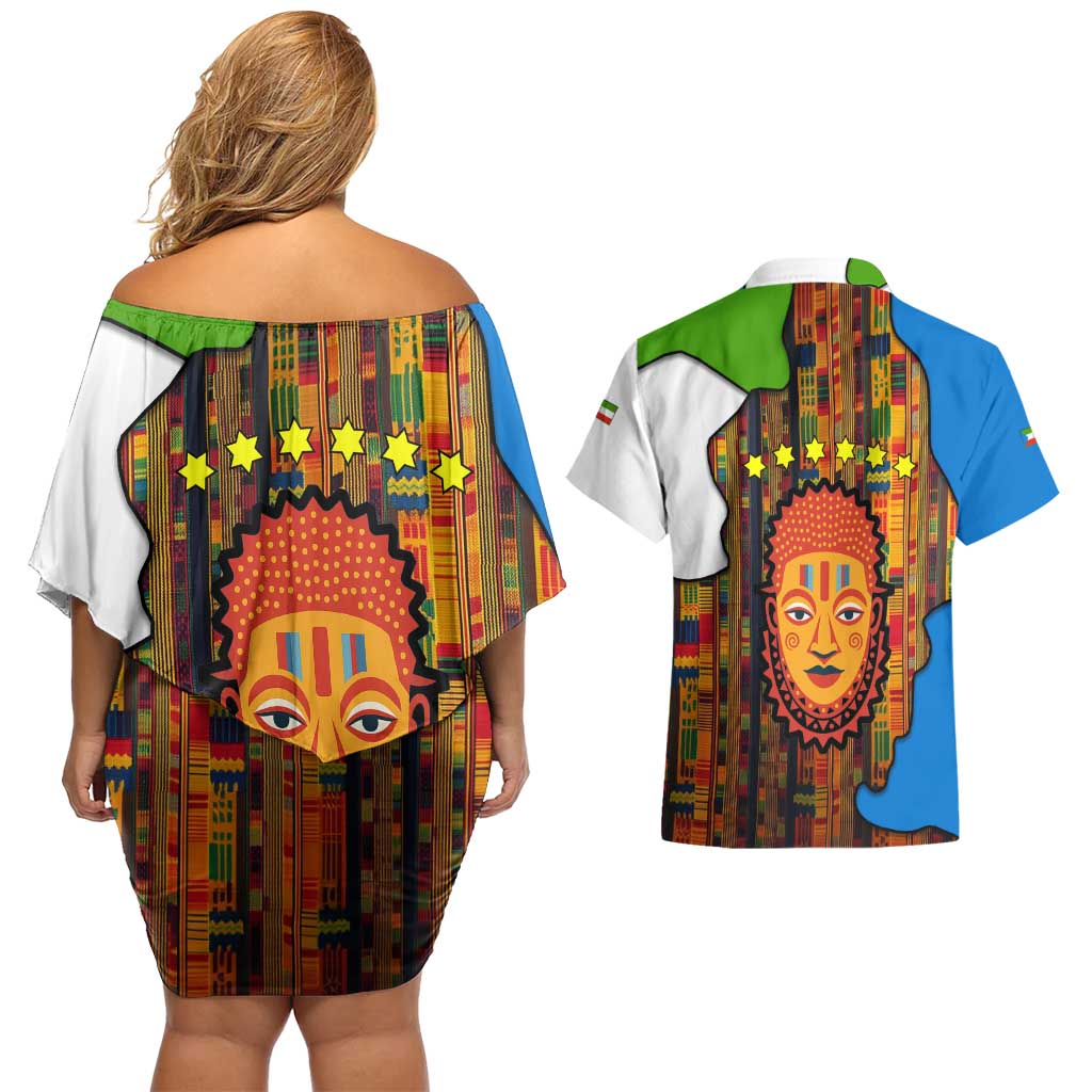 Equatorial Guinea Kente Couples Matching Off Shoulder Short Dress and Hawaiian Shirt with Tribal Mask and National Coat of Arms