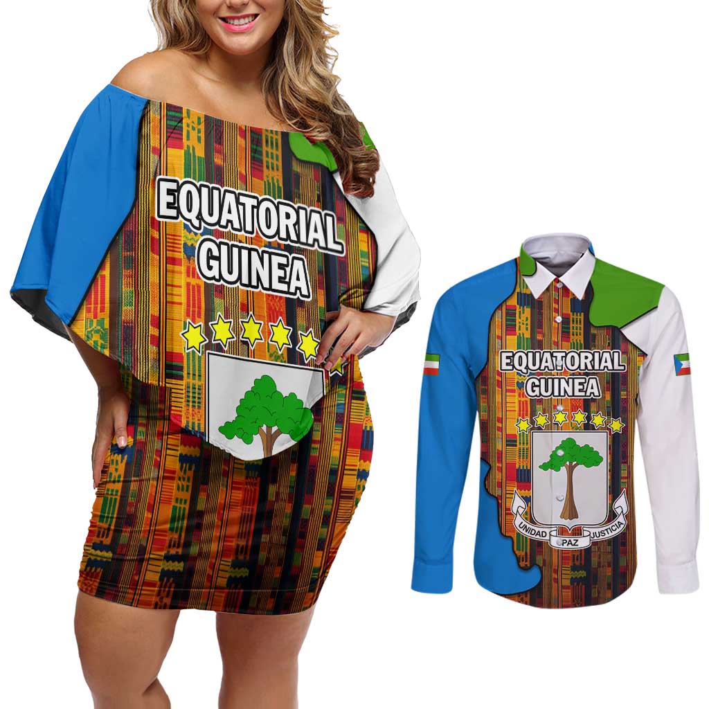 Equatorial Guinea Kente Couples Matching Off Shoulder Short Dress and Long Sleeve Button Shirt with Tribal Mask and National Coat of Arms