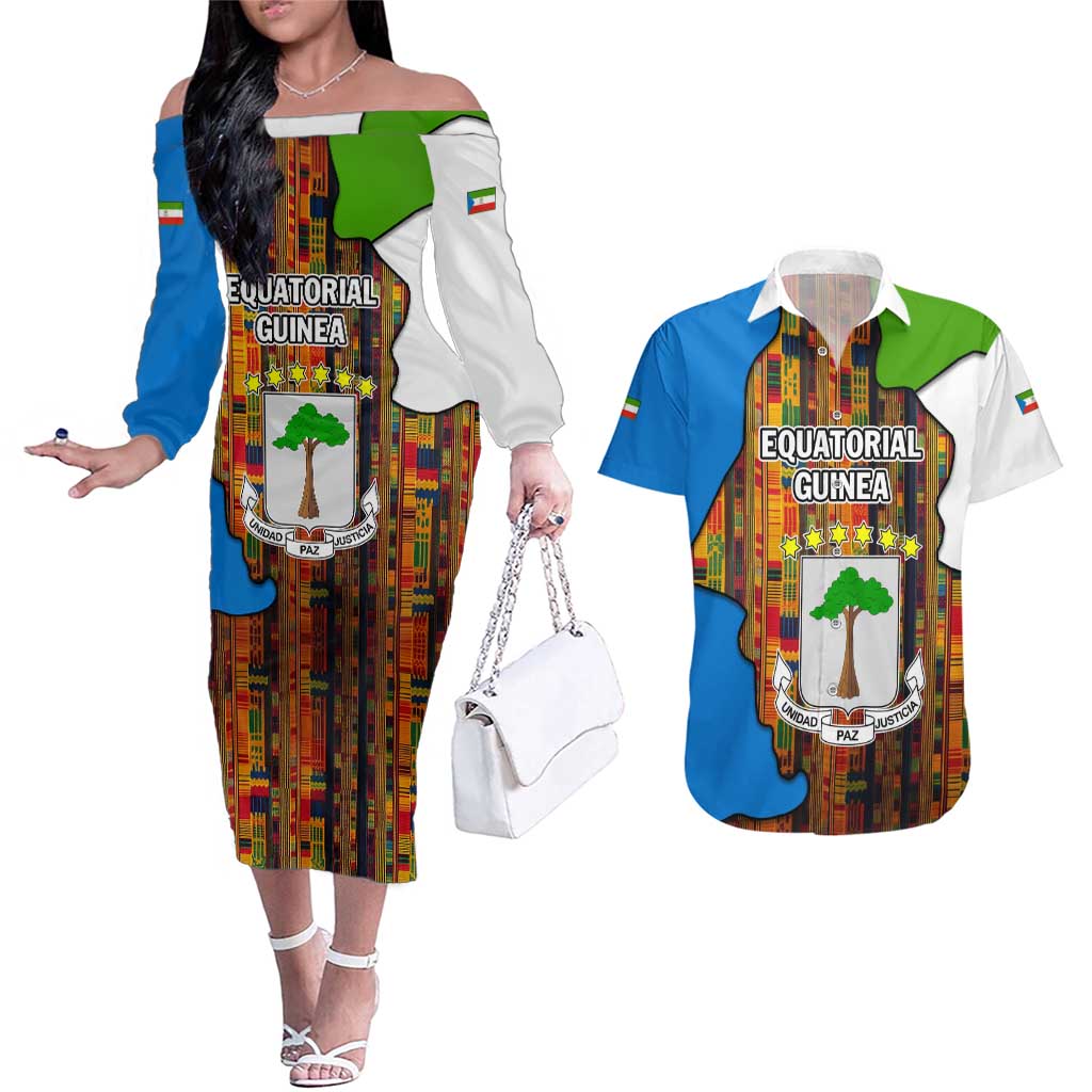 Equatorial Guinea Kente Couples Matching Off The Shoulder Long Sleeve Dress and Hawaiian Shirt with Tribal Mask and National Coat of Arms