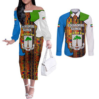 Equatorial Guinea Kente Couples Matching Off The Shoulder Long Sleeve Dress and Long Sleeve Button Shirt with Tribal Mask and National Coat of Arms