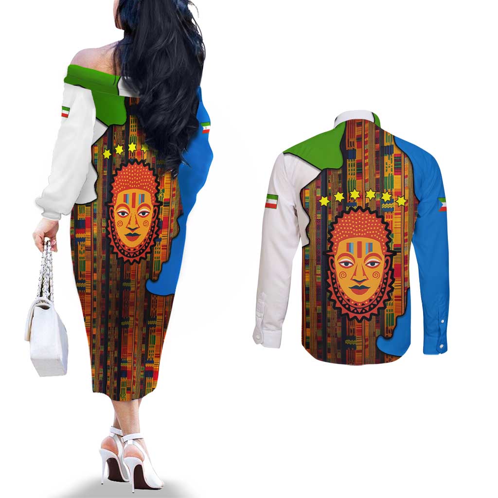 Equatorial Guinea Kente Couples Matching Off The Shoulder Long Sleeve Dress and Long Sleeve Button Shirt with Tribal Mask and National Coat of Arms
