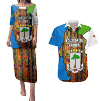 Equatorial Guinea Kente Couples Matching Puletasi and Hawaiian Shirt with Tribal Mask and National Coat of Arms