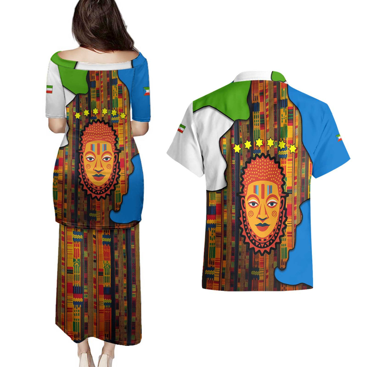 Equatorial Guinea Kente Couples Matching Puletasi and Hawaiian Shirt with Tribal Mask and National Coat of Arms