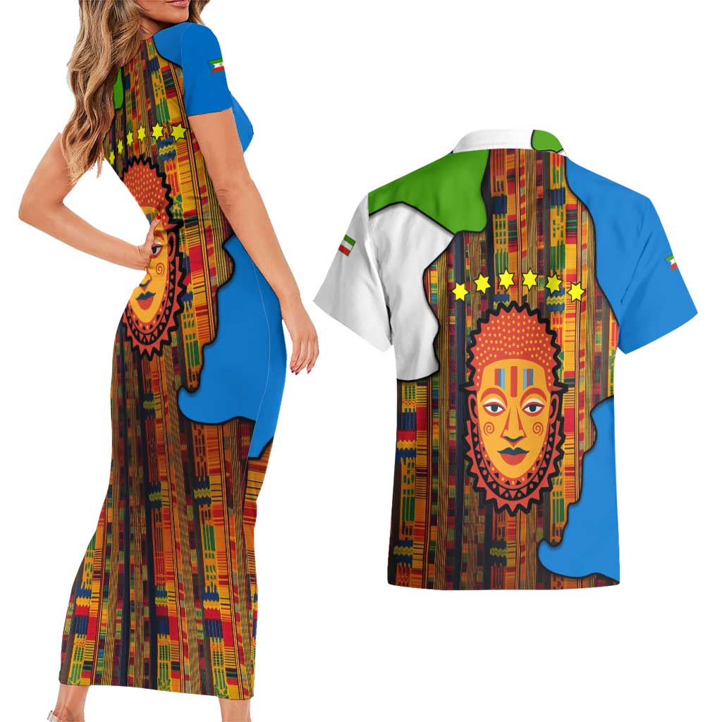Equatorial Guinea Kente Couples Matching Short Sleeve Bodycon Dress and Hawaiian Shirt with Tribal Mask and National Coat of Arms